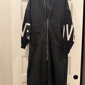 Black Long Zip-Up Coat with White Lettering size small